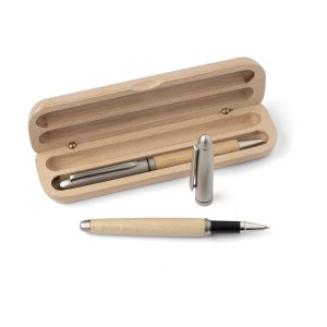 Parure bois avec stylo bille personnalisable et roller en bois
