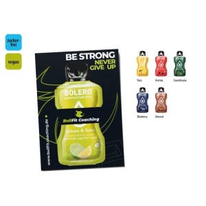 Poudre pour boisson sans sucre Bolero avec carte publicitaire