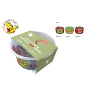Boîtes rondes HARIBO avec banderole en carton