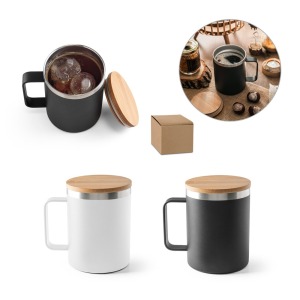 LAUDA. Mug publicitaire en acier inoxydable recyclé à 90% avec couvercle en bambou