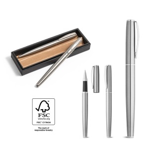 ELLA. Parure de stylo roller et stylo bille personnalisable en acier inoxydable recyclé à 53%