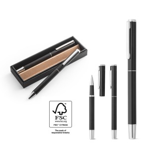 LEAH. Parure de stylo à bille personnalisable et de roller en aluminium recyclé respectivement 53% et 94% recyclé avec clip