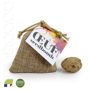 Oeuf seed bomb en pochon toile de jute 75x100mm