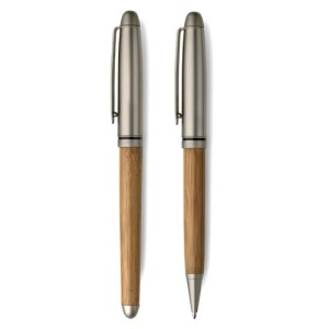 Parure de stylo bille avec logo et roller en bambou et métal