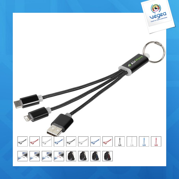 Câble personnalisable de chargement 3-en-1 avec porte-clés metal