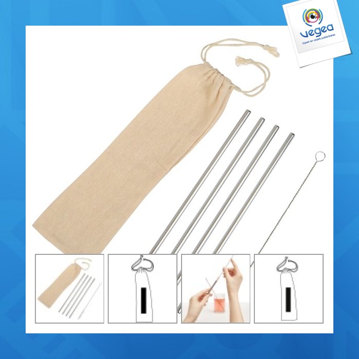 Set de 4 pailles promotionnelles inox avec goupillon
