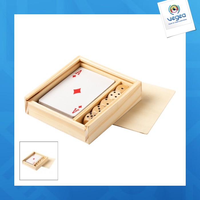 Set en bois avec jeu de 54 cartes personnalisé et 5 dés
