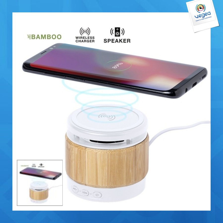 Enceinte publicitaire 3w bambou avec chargeur sans fil