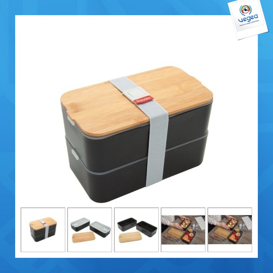Bento personnalisable 'mihara', noir, avec couvercle en bambou