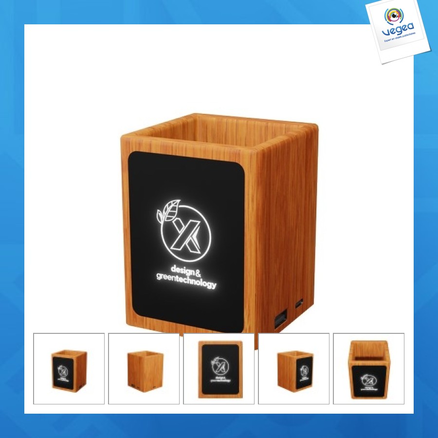 Pot à crayons personnalisable et hub en bois garanti 3 ans