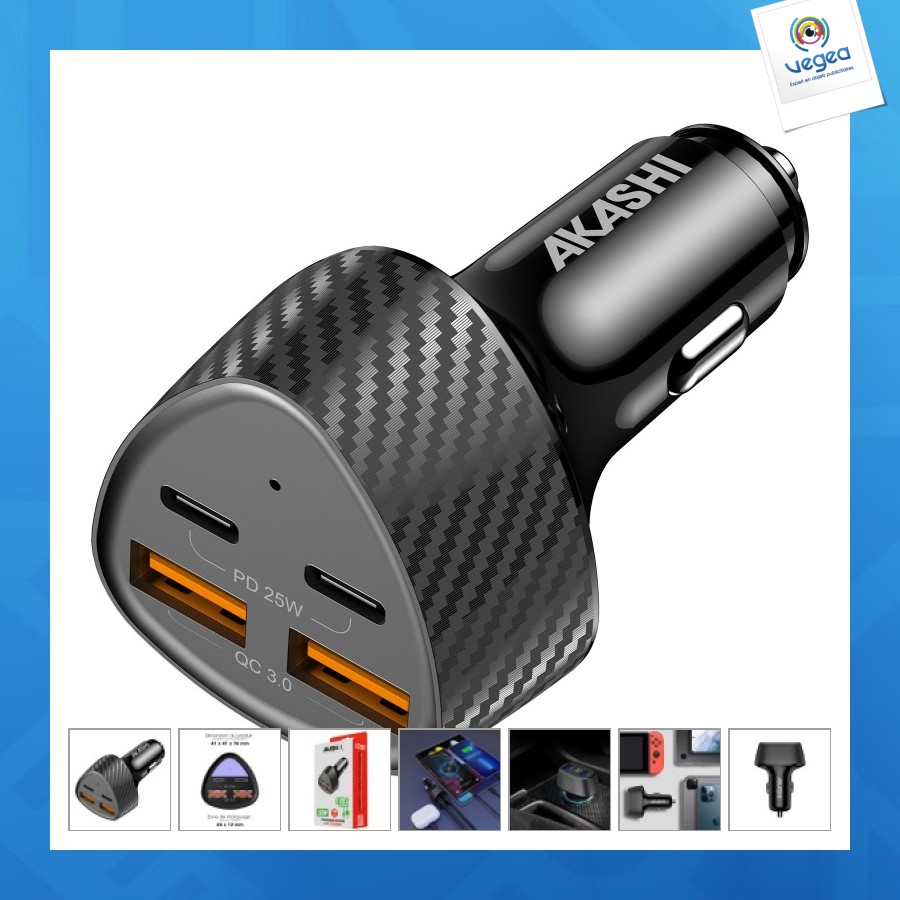 Chargeur allume-cigare avec logo 37w usb-c 2x usb-a 3.4a