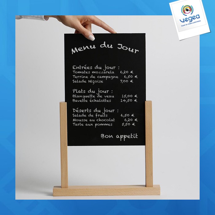 Porte-visuel/menu socle bois 2 montants ardoise a4 297x210