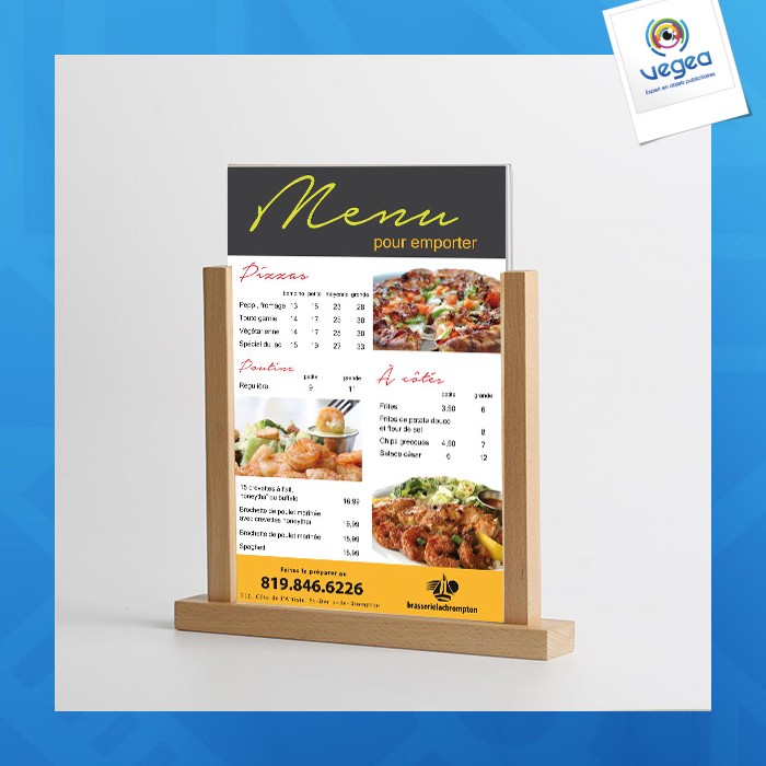 Porte-visuel/menu socle bois 2 montants plexi a5 210x148