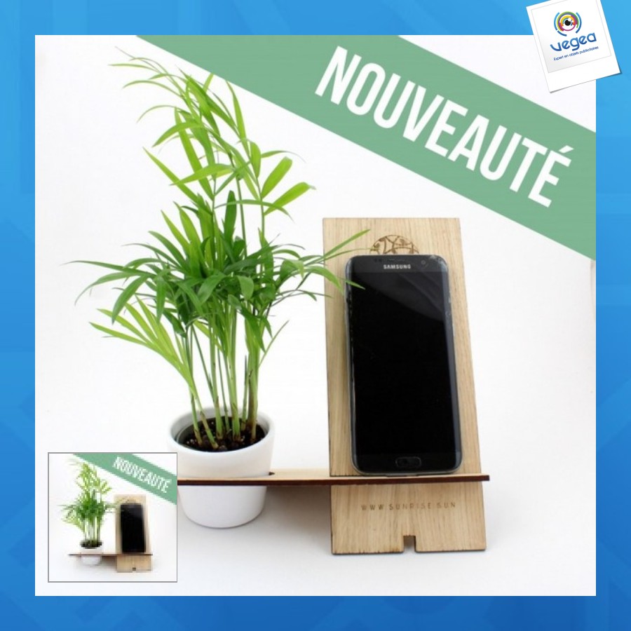 Support téléphone personnalisable bois + 1 plante