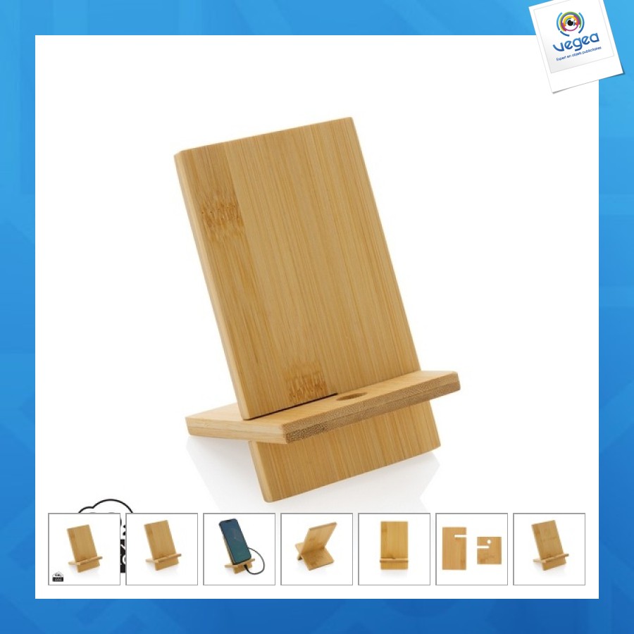 Support téléphone publicitaire en bambou fsc® dans une boîte kraft fsc®