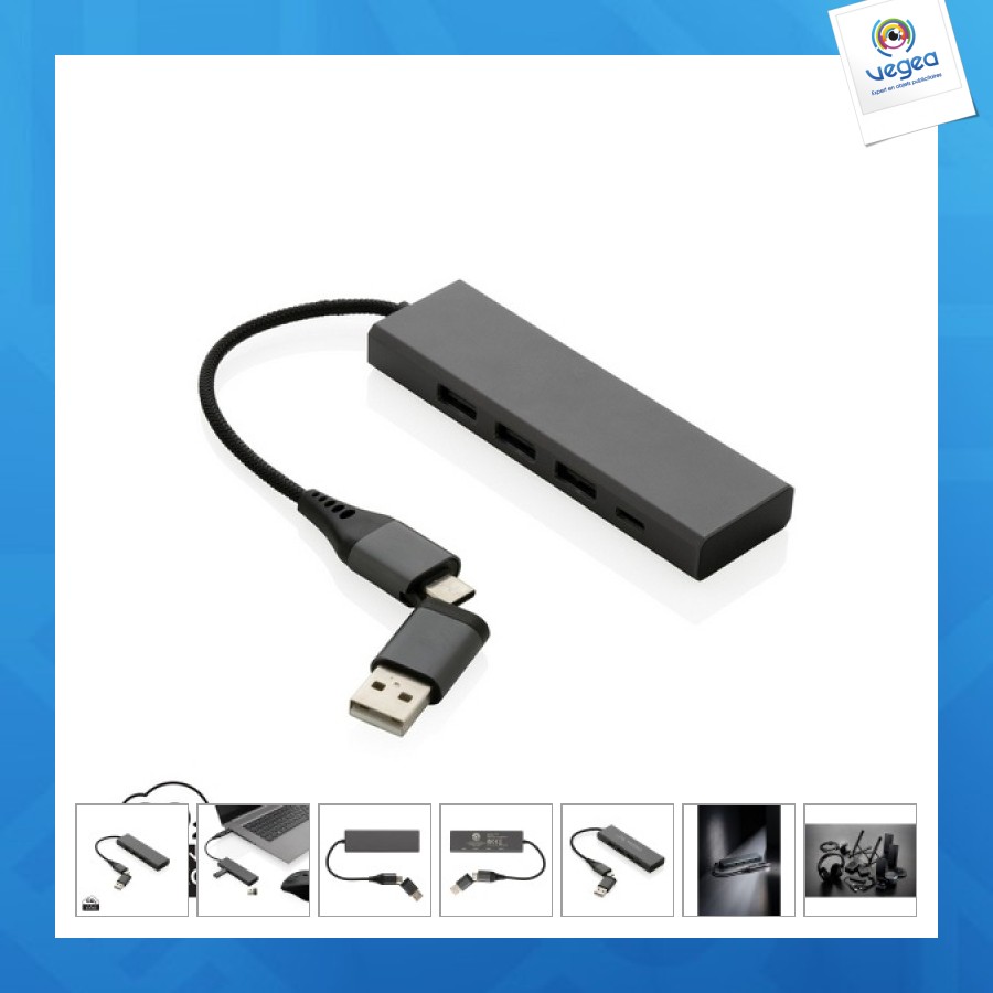 Hub publicitaire avec 3 ports usb en aluminium recyclé rcs terra