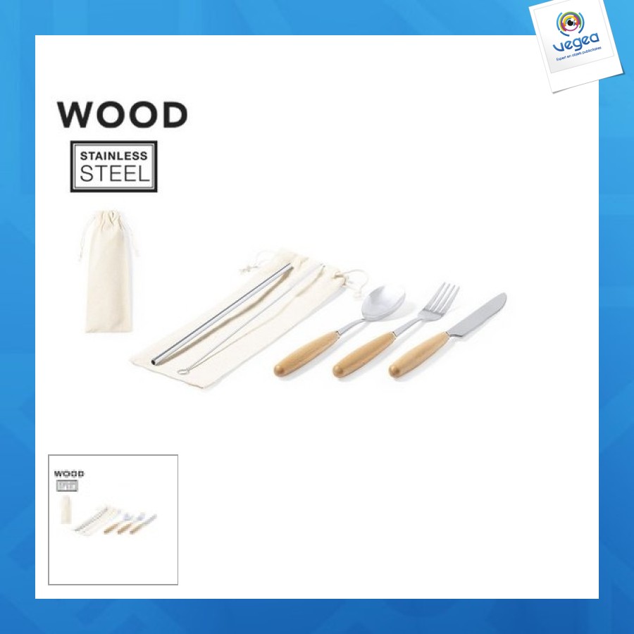 Set couverts avec logo en bois et acier inoxydable