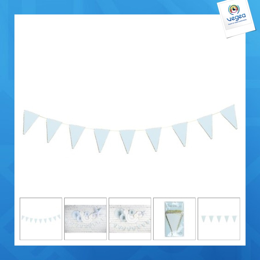 Guirlande fanions festonnes bleu pastel et or 3m