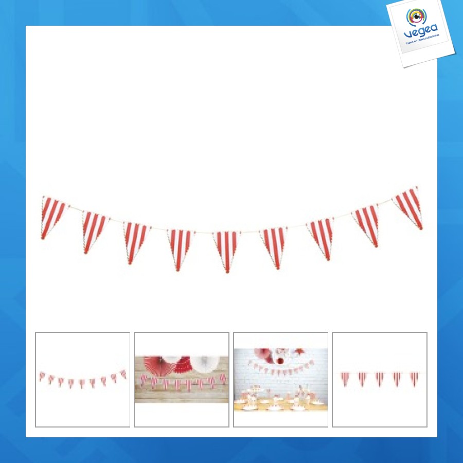 Guirlande fanions festonnes rouge raye blanc et or