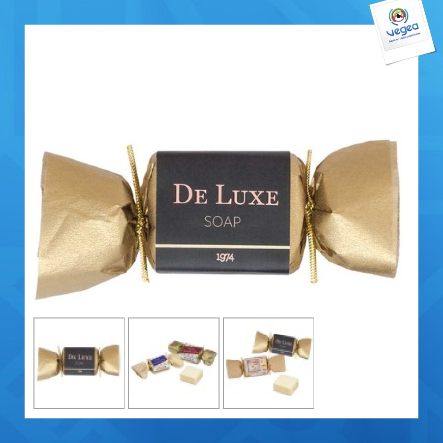 Mini savon avec logo - vanille, sous papier doré - deluxe gold
