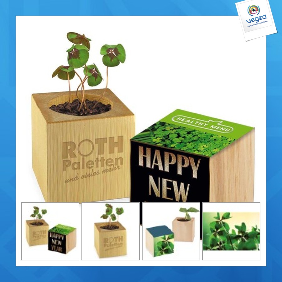 Pot cube bois mini - trèfle à 4 feuilles publicitaire - sans gravure laser
