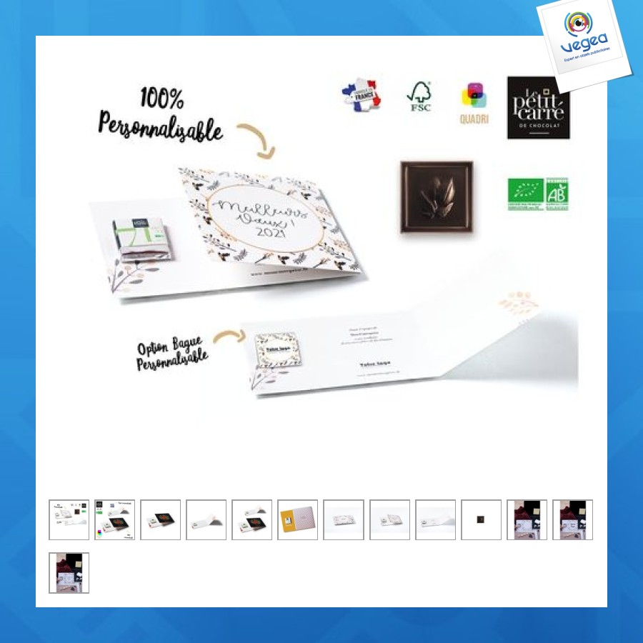 Carte de voeux personnalisable carré de chocolat 4g bio avec bague personnalisable
