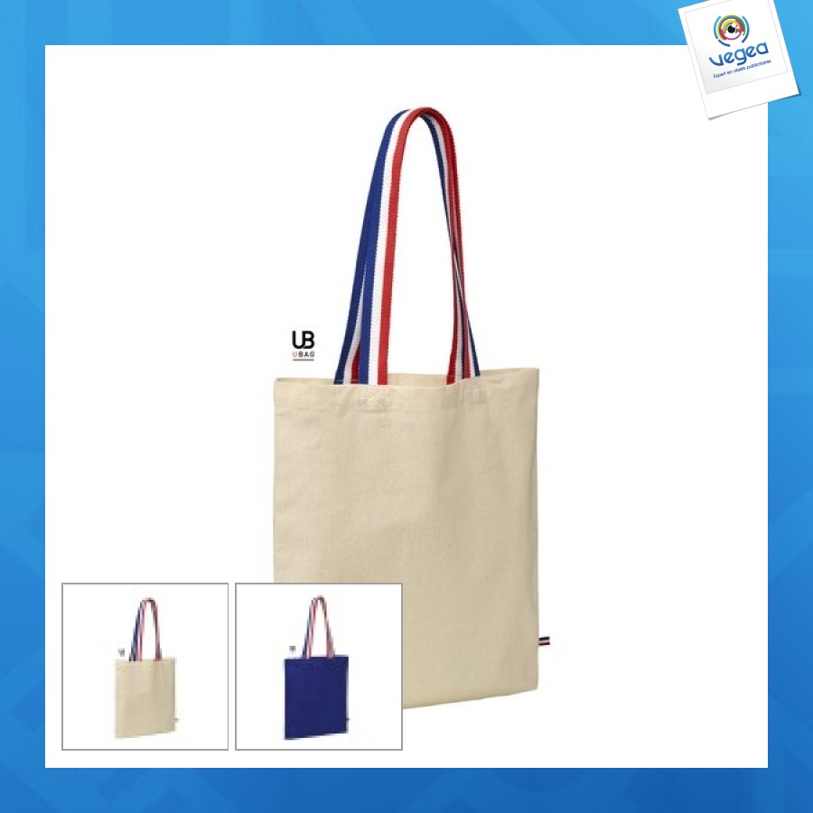 Tote bag publicitaire 180g/m² coton anses bleu/blanc/rouge