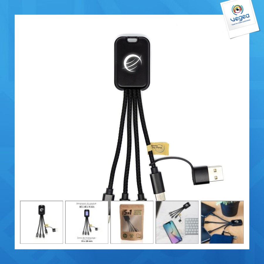 Câble avec logo 5 en 1 - 2.4a - charge rapide rabs certifié