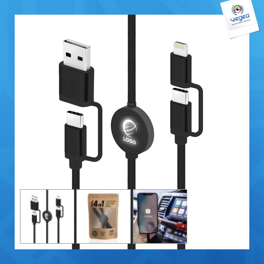 Câble publicitaire 4 en 1 avec transfert de données - charge ultra rapide