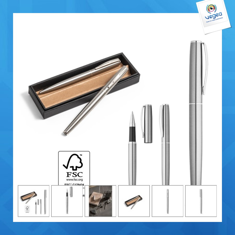 Ella. parure de stylo roller et stylo bille personnalisable en acier inoxydable recyclé à 53%