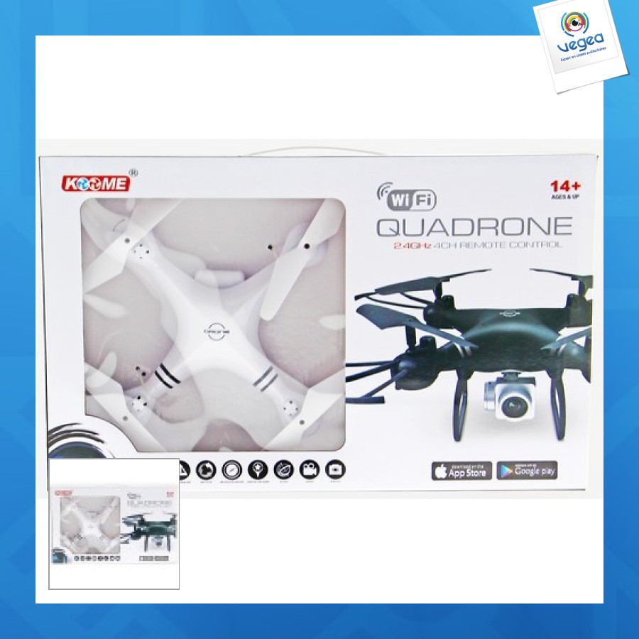 Drone promotionnel 4 hélices, pliable avec caméra 480p