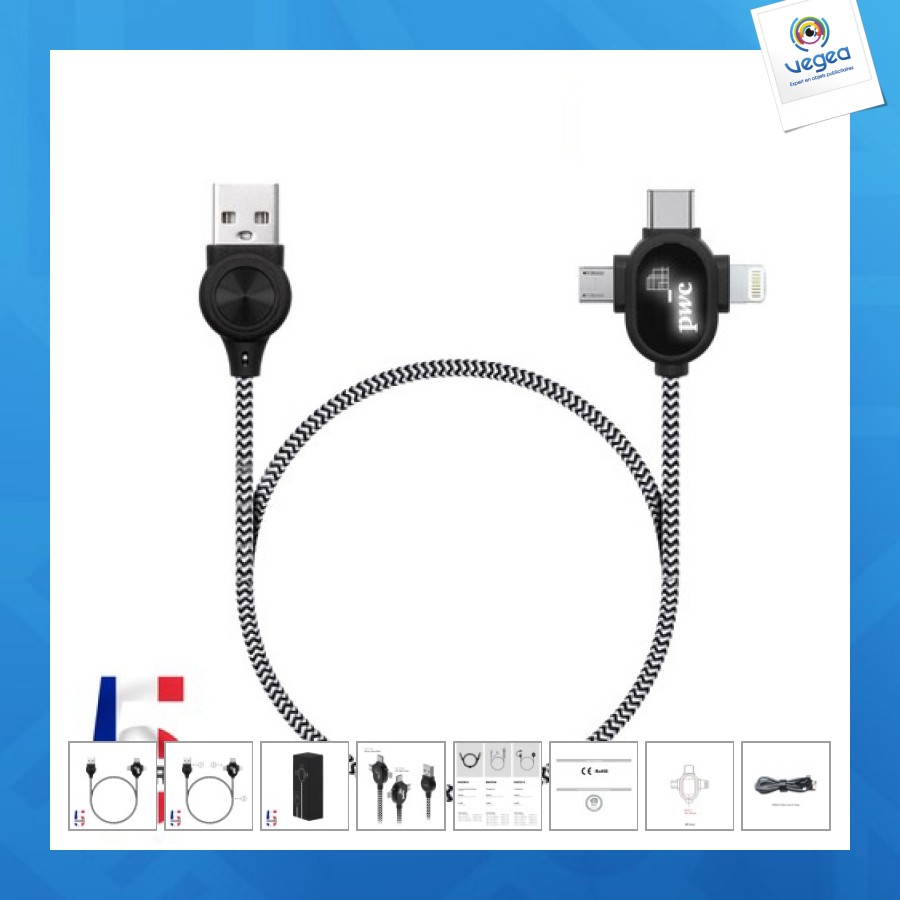 Câble personnalisable led 3 en 1 transfert et charge