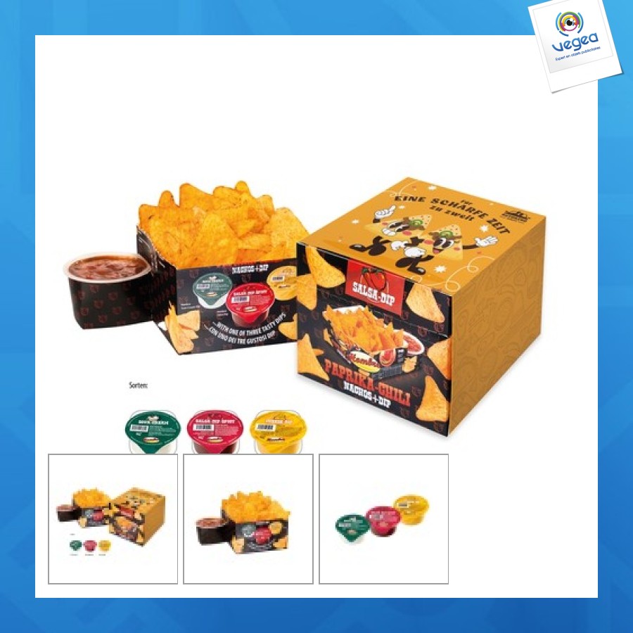 Nacho box, nachos au paprika et au chili, cheese dip