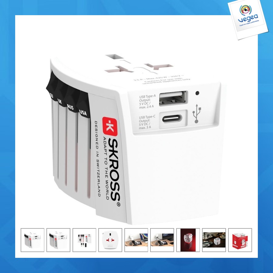 Skross adaptateur personnalisable de voyage universel muv 2-pôles avec usb