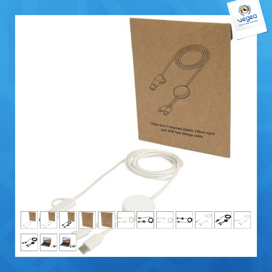 Câble publicitaire 5 en 1 citala en plastique recyclé de 150 cm pour la synchronisation des données et la charge rapide de 27 w