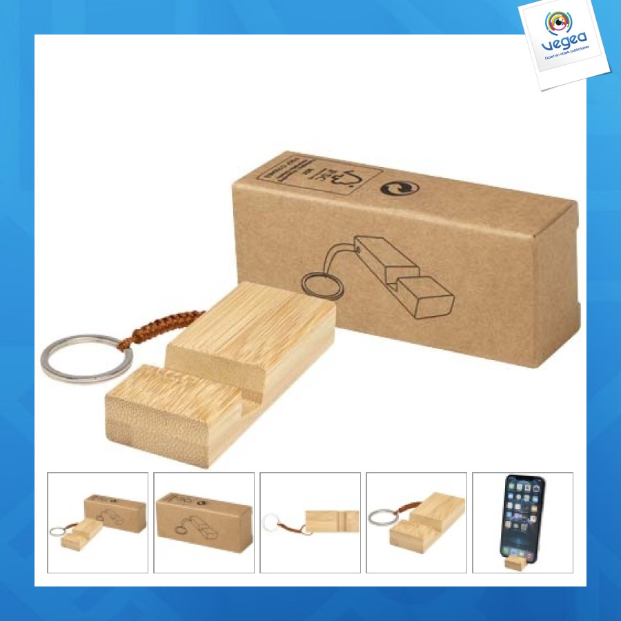 Support de téléphone personnalisable en bambou bosona avec porte-clés