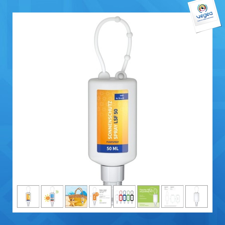 Spray solaire personnalisable spf 50, bumper 50ml, frost, body label