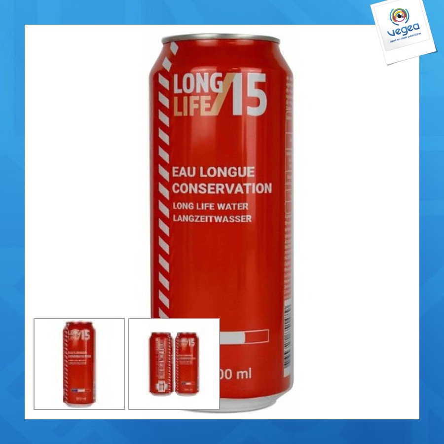 Canette publicitaire d'eau alimentaire d'urgence 15 ans, non personnalisé 50cl