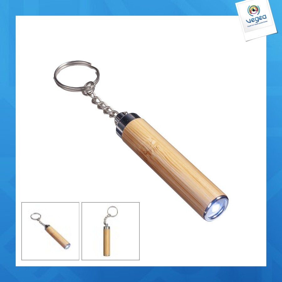 Torche led personnalisable en bambou avec porte-clés, 3 piles lr41 incluses
