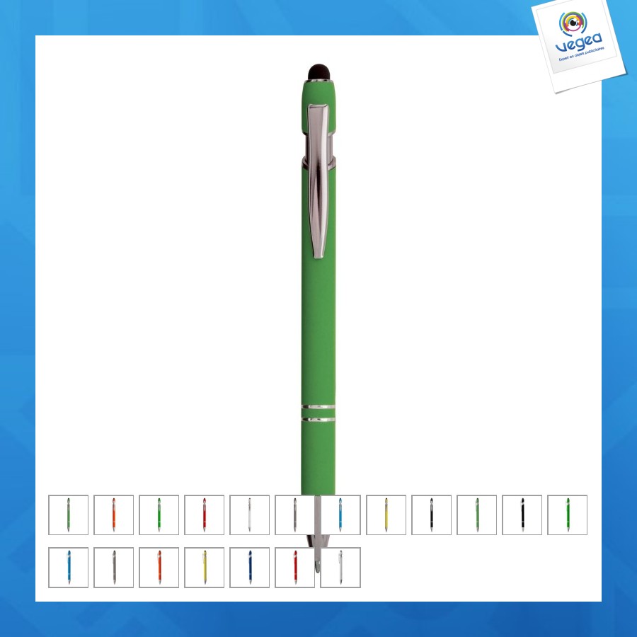 Stylo à bille promotionnel en aluminium caoutchouté avec gomme pour écran tactile et clip en métal