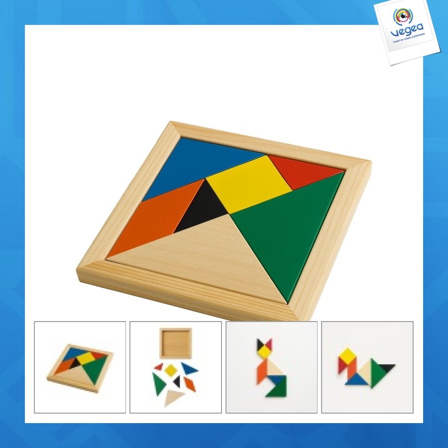 Jeu de tangram en bois coloré, 7 pièces, avec pochette en coton