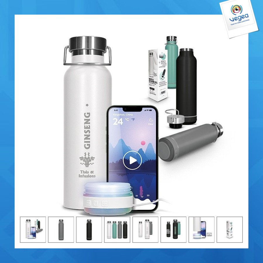 Haut-parleur enceinte et bouteille isotherme publicitaire double-paroi inox 60 cl