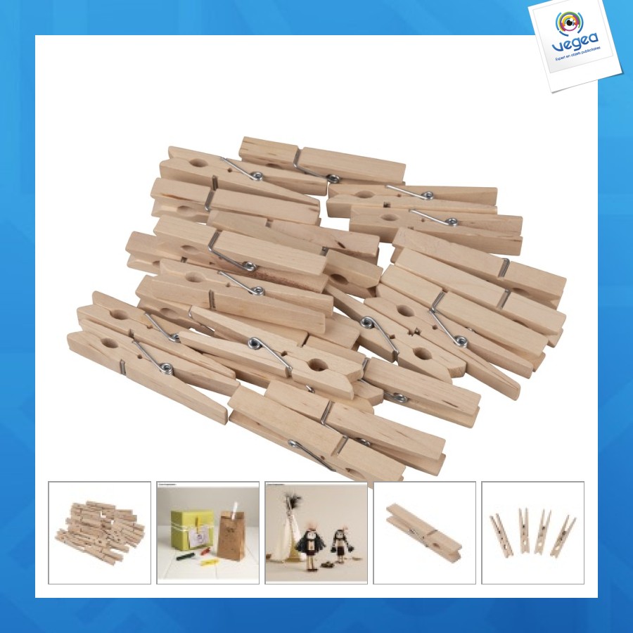 Pince à linge personnalisable bois, 72mm, 24 pièces