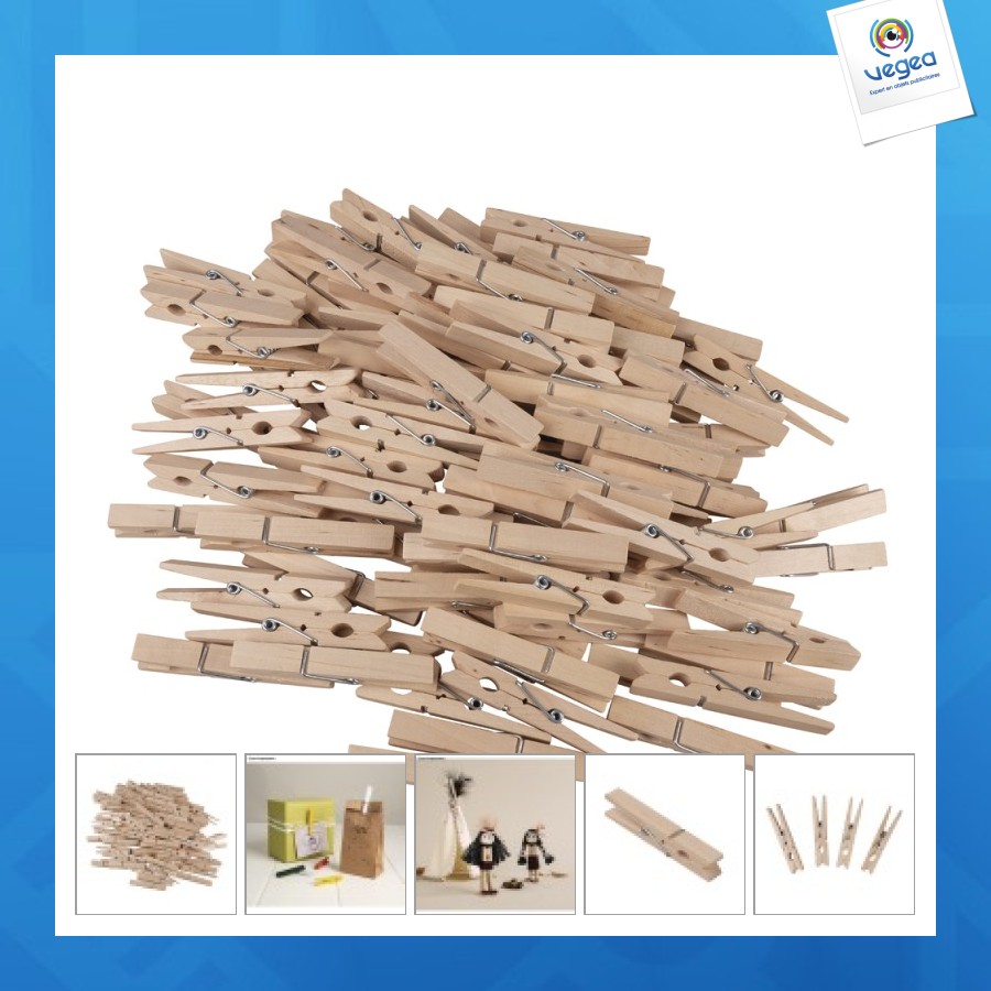 Pince à linge personnalisée bois, 72mm, 100 pièces