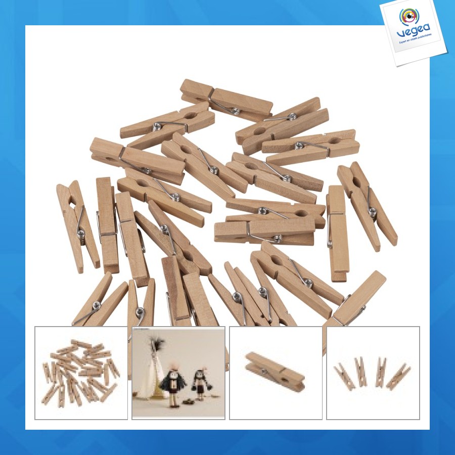 Pince à linge personnalisée bois, 4,5cm, naturel, 24 pièces
