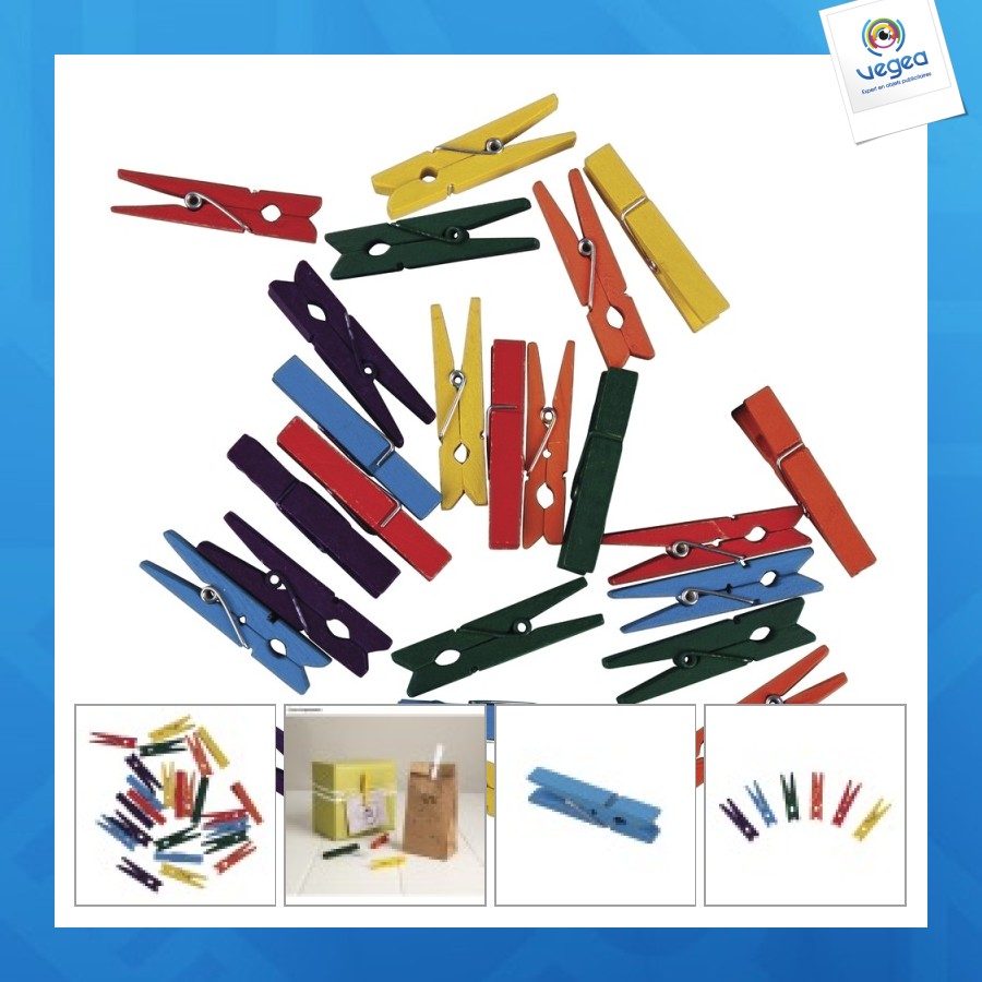 Pince à linge promotionnelle bois, 4,5cm, mélangé, 24 pièces