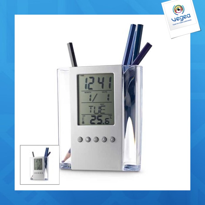 Pot à stylos personnalisable à bille avec horloge numérique