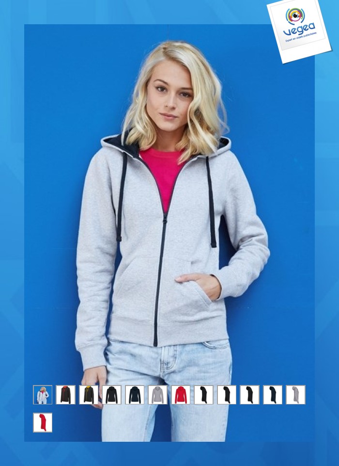 Sweat-shirt zippé capuche contrastée femme