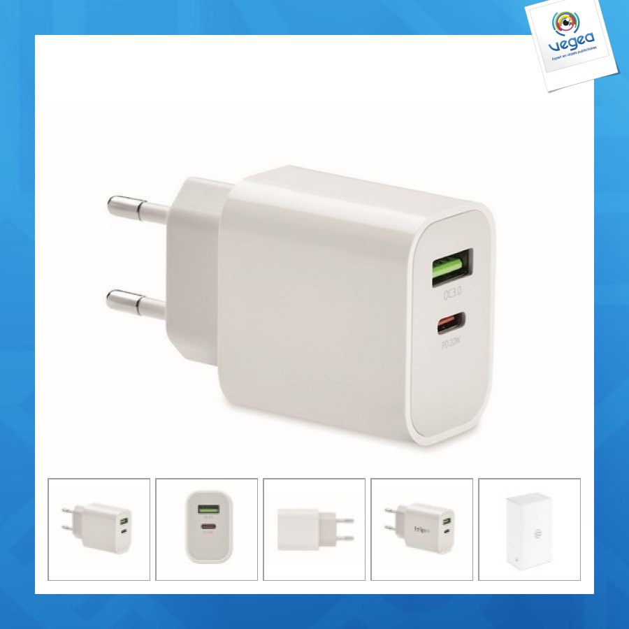 Chargeur 18w 2 ports, prise ue
